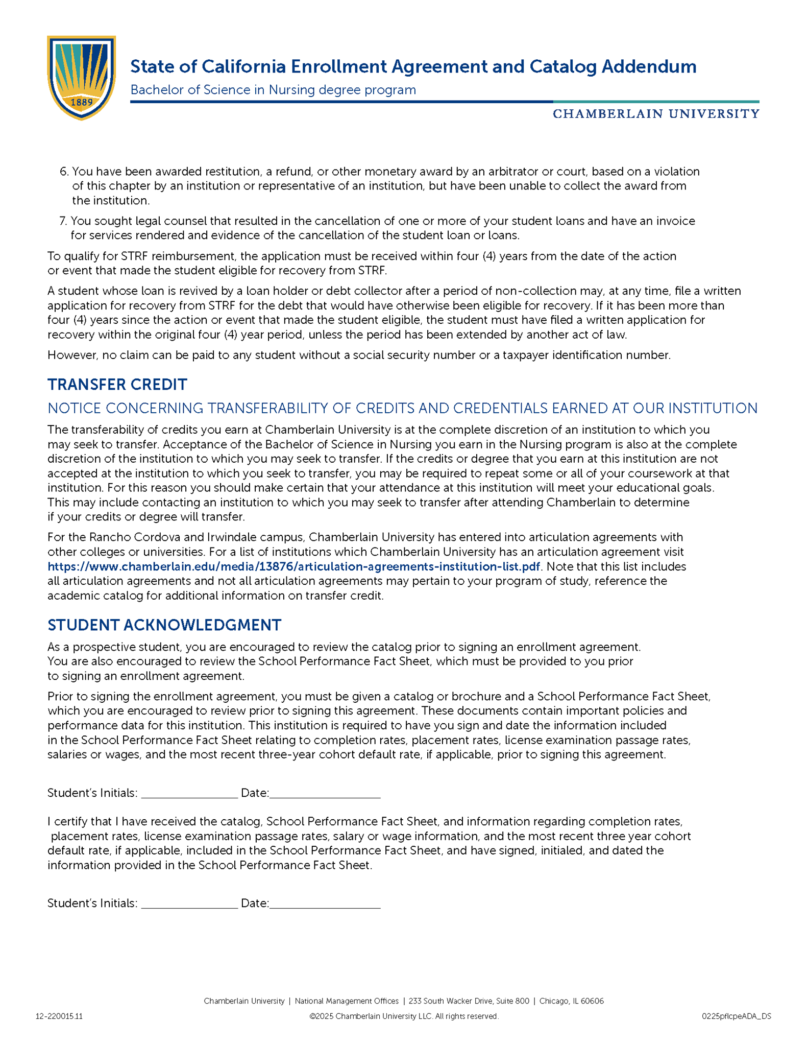 Picture of California Enrollment Agreement and Catalog Addendum - Bachelor of Science in Nursing Degree Program